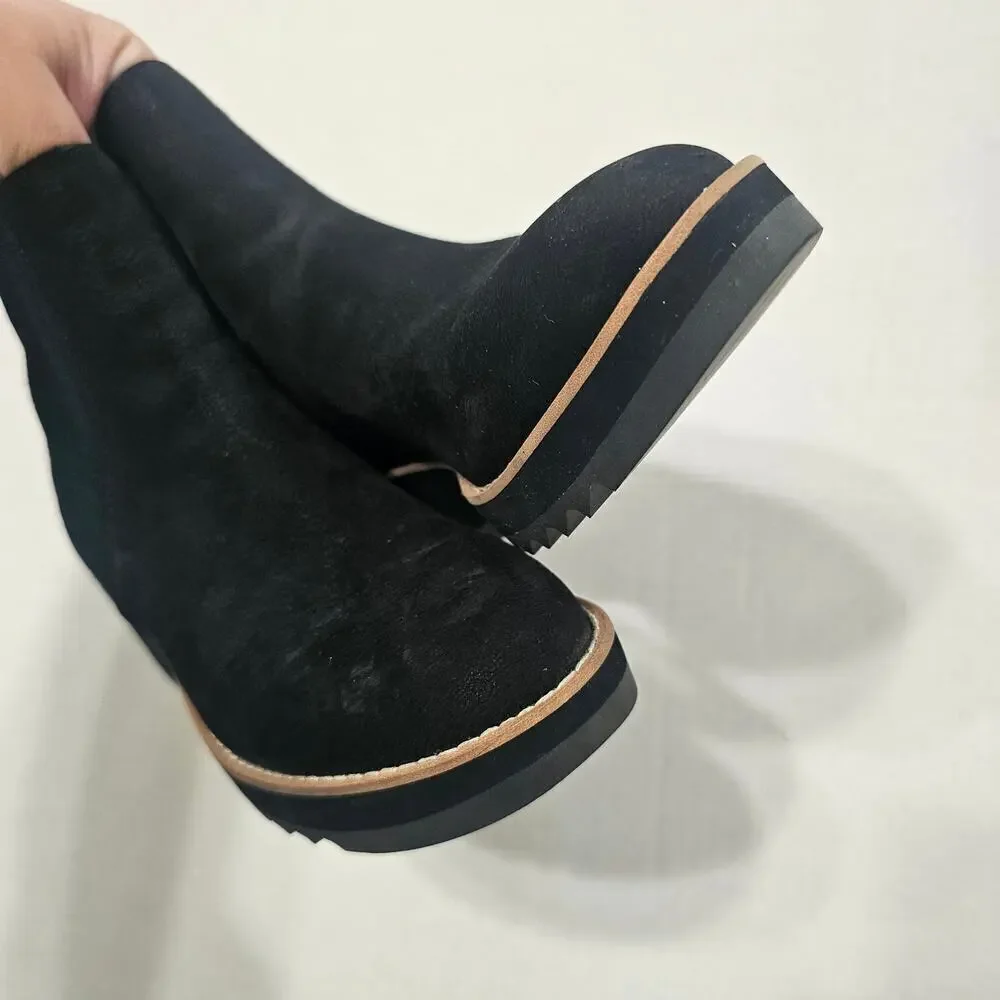 EILEEN FISHER Lilou Nubuck and Recycled Stretch Knit Bootie in Black Size 8.5